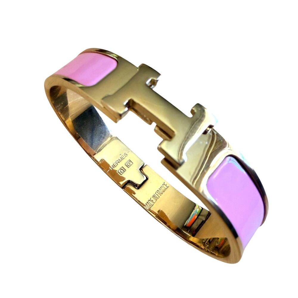 Genuine HERMÈS Clic Clac H Bracelet Pink Enamel Gold Tone Hardware